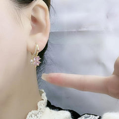 EUR412 Hoop Earrings with Gemstone Flowers and Pearls in Pink