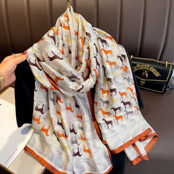 TT242 vintage horse print satin scarf in Orange/Grey