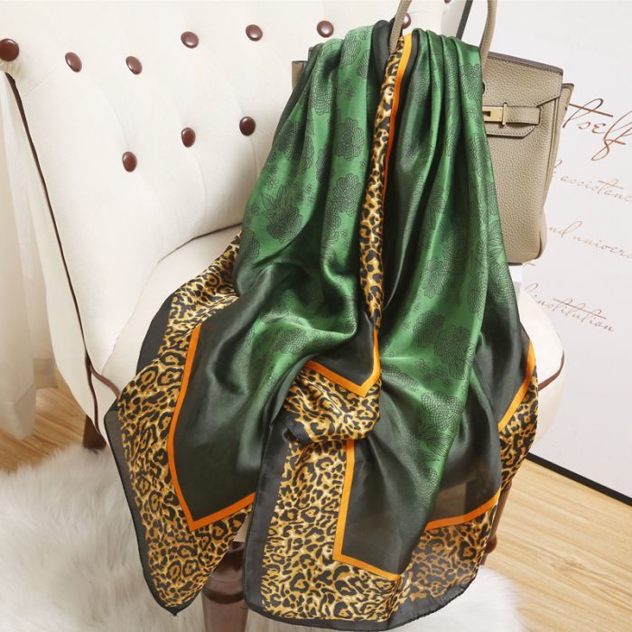 TT244 Flowers and leopard print satin scarf in Green