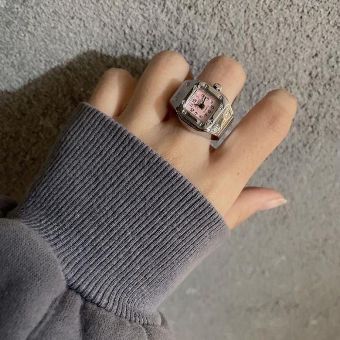 Minimalist Square Ring Watch in Silver/Pink RIN003