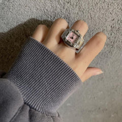 Minimalist Square Ring Watch in Silver/Pink RIN003