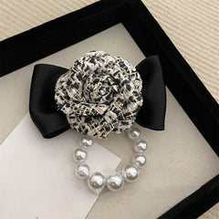 Vintage Camellia Brooch with Pearl Accents in Black mix 1567