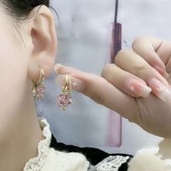EUR412 Hoop Earrings with Gemstone Flowers and Pearls in Pink
