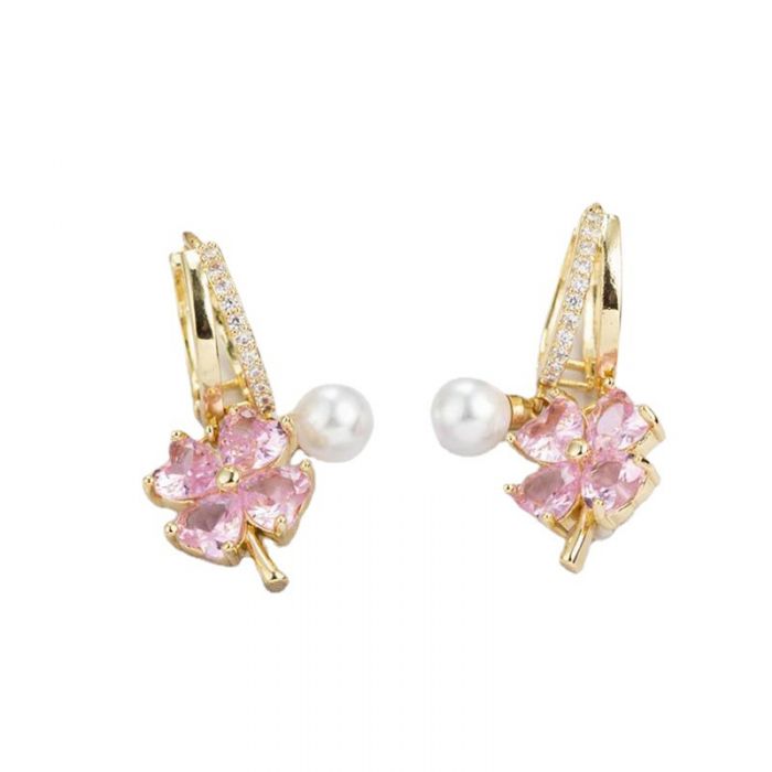 EUR412 Hoop Earrings with Gemstone Flowers and Pearls in Pink