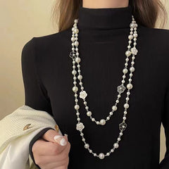 Long Pearl Necklace with Camelia Accents in Ivory/Black EUR456
