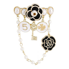 Camellia Brooch with Pearl Chain and Charms in Black 1568