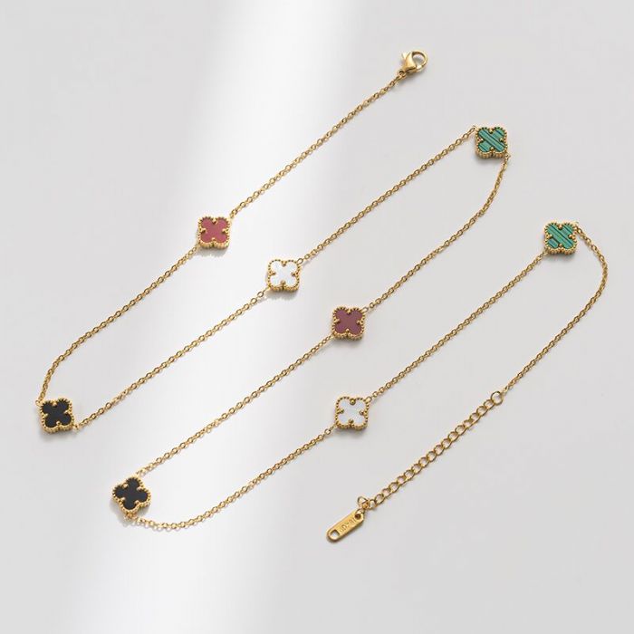 EUR406 multi coloured four petals long necklace